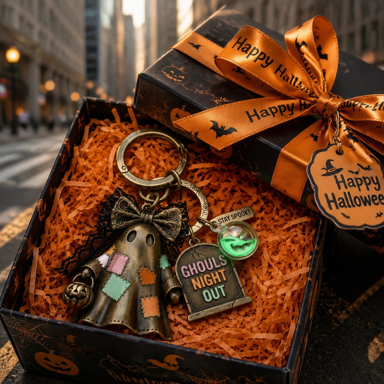Ghouls Night Out Halloween Ghost Keychain — Pastel Enamel Patches & Lace Bow Bag Charm, Vintage Bronze Stay Spooky Tombstone Key Ring with Glow-in-the-Dark Potion Bottle