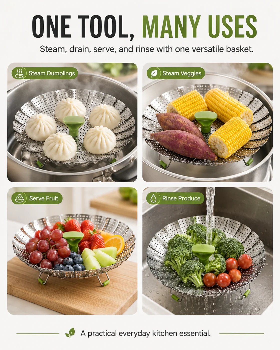 Expandable Stainless Steel Steamer Basket | Foldable Pot Insert