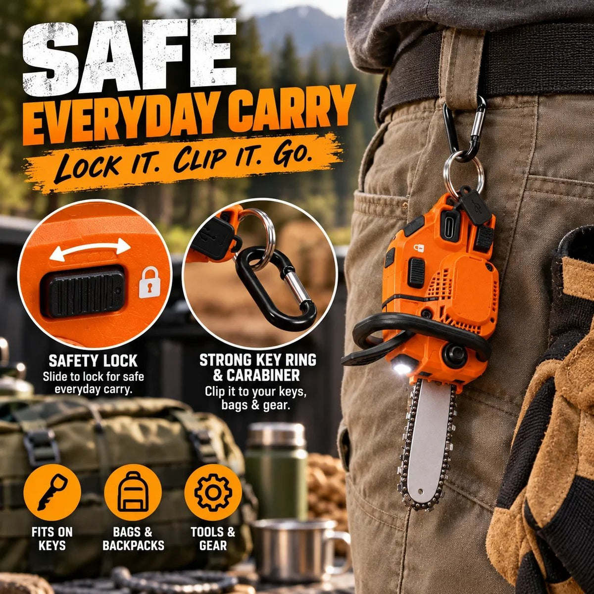 🪚 Mini Chainsaw Keychain Multi-Tool – Rechargeable LED Flashlight & Retractable Utility Cutter