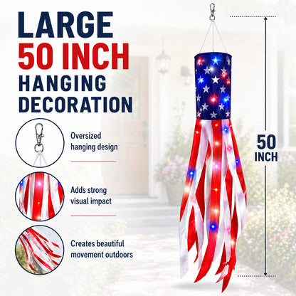 3 Pack 50 Inch Large American Flag Windsocks with Red White Blue Lights