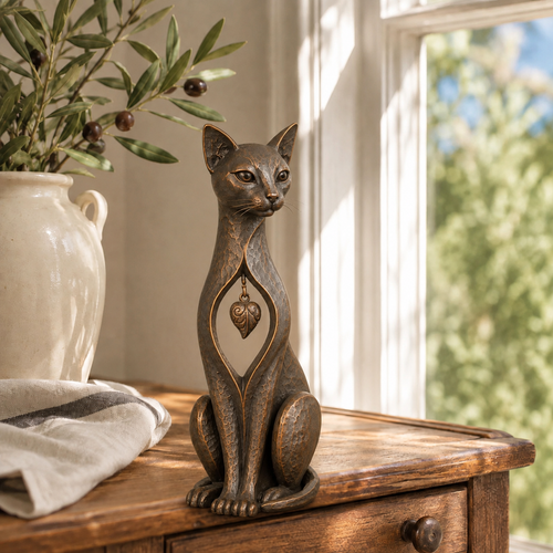 Heritage Heart Sphynx Sculpture – Vintage Iron Cat Accent for Timeless Interiors