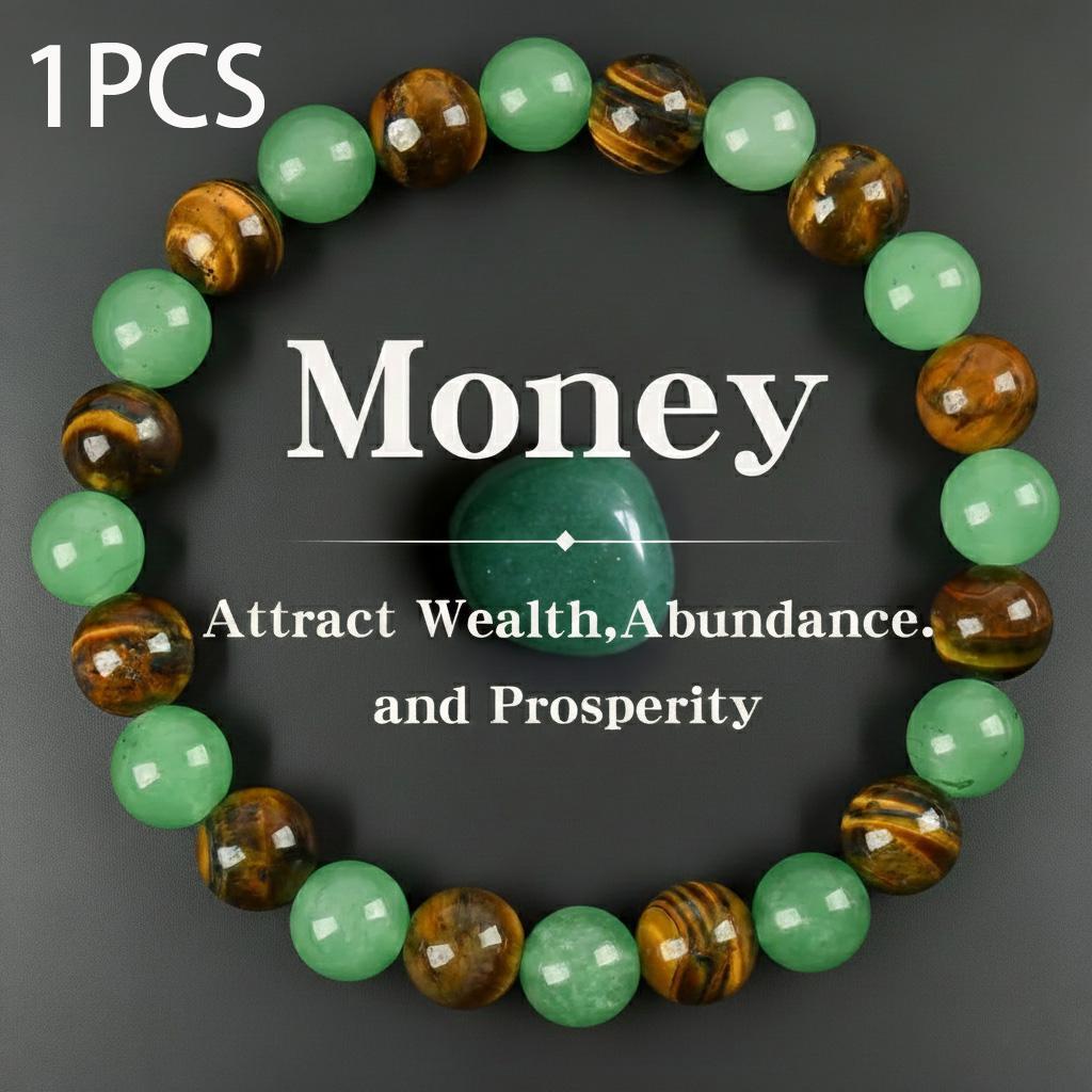 💙 Money Attraction Green Aventurine & Tiger Eye Elastic Crystal Bracelet for Men Women, Friendship Daily Wear