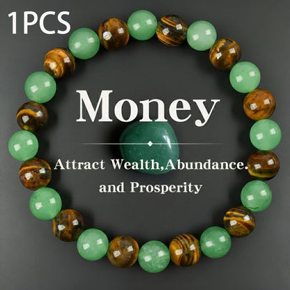 💙 Money Attraction Green Aventurine & Tiger Eye Elastic Crystal Bracelet for Men Women, Friendship Daily Wear