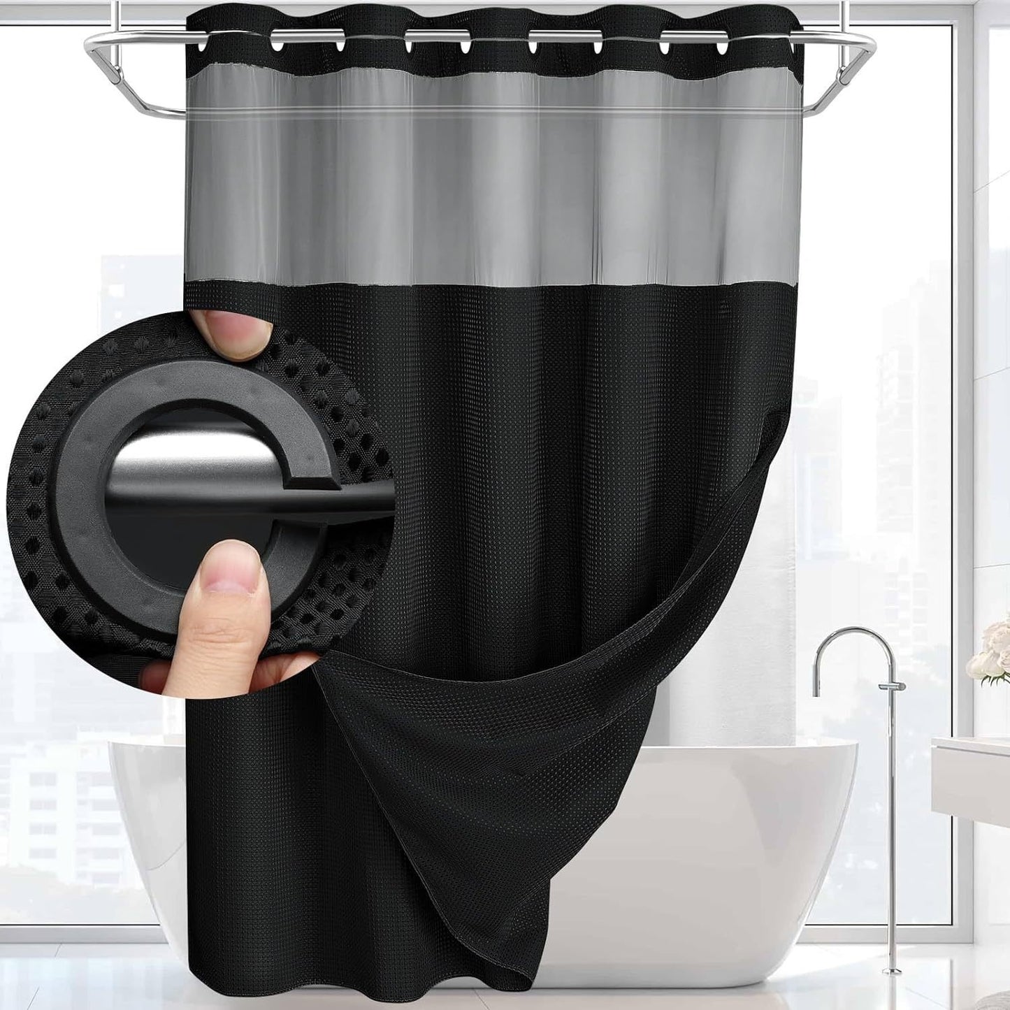 Hookless Shower Curtain with Snap-in Liner – Waterproof Double-Layer Design – Fabric Curtain with Waterproof Liner (White)