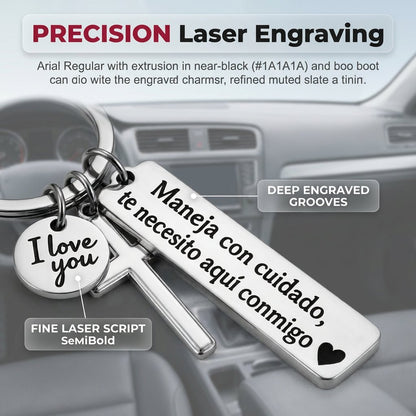 Keychain with Cross and "I Love You" Charm – Stainless Steel "Drive Safely" Ring (Spanish Inscription)