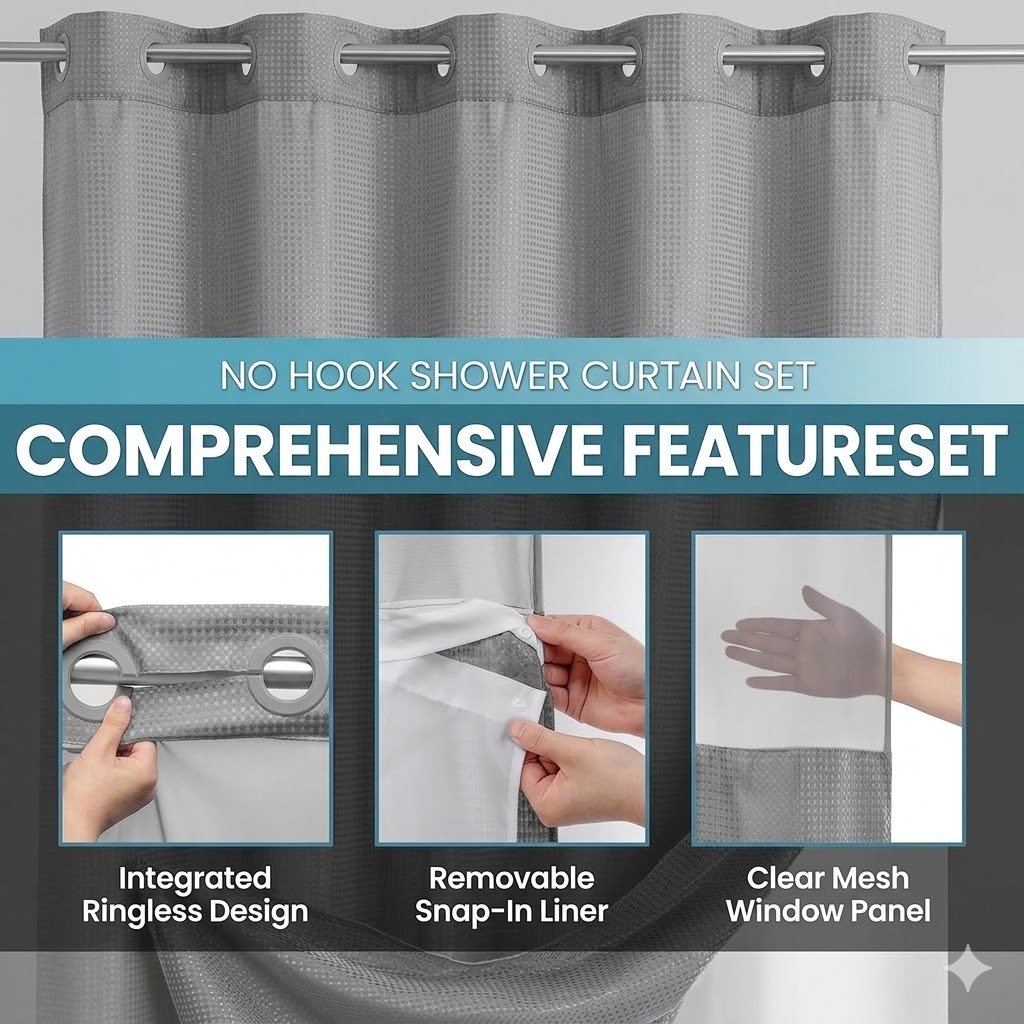 Hookless Shower Curtain with Snap-in Liner – Waterproof Double-Layer Design – Fabric Curtain with Waterproof Liner (White)