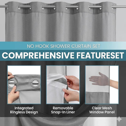 Hookless Shower Curtain with Snap-in Liner – Waterproof Double-Layer Design – Fabric Curtain with Waterproof Liner (White)