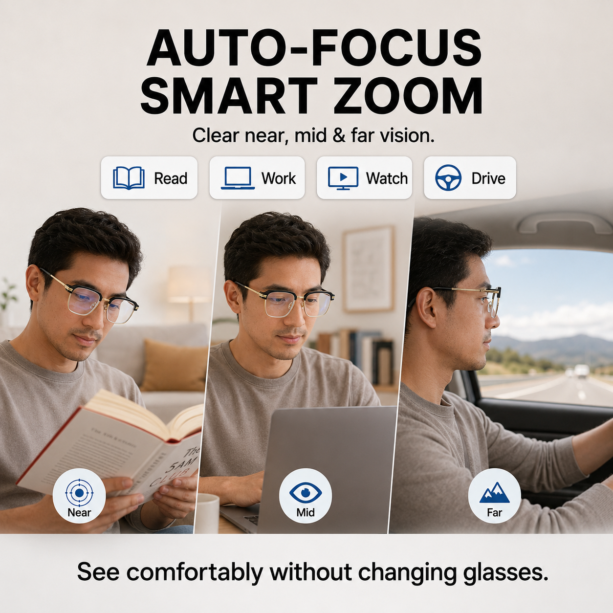 Smart Zoom Reading Glasses – Auto Adjust Focus & Blue Light Protection