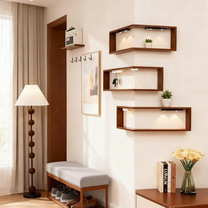 🪵 L-Shaped Corner Floating Wall Shelves with LED Lights