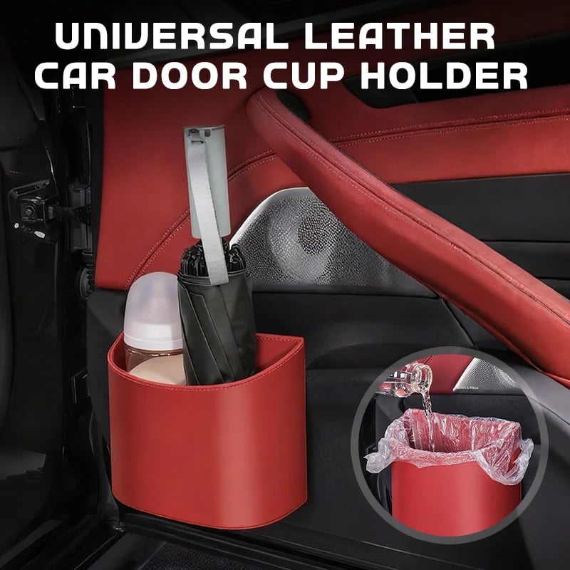 Leather Car Door Cup Holder – Wide‐mouth opening, easy reach for drinks & phone. Clip‐on secure fit. PU leather, tough & stylish. 🛡️✨