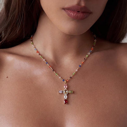 Multicolor Cubic Zirconia Cross Pendant Necklace