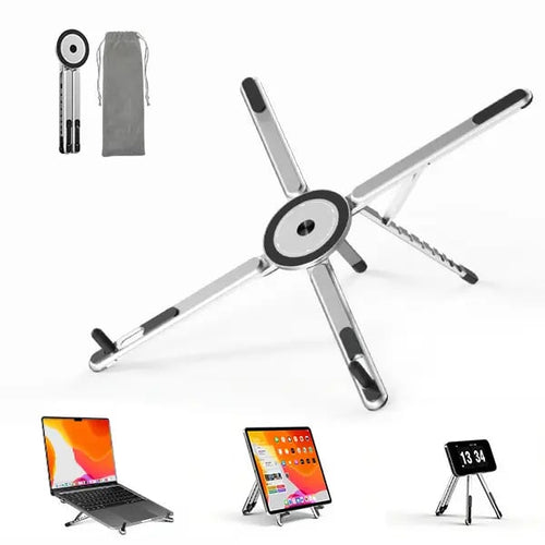 Adjustable Aluminum Laptop Stand with Integrated Magnetic Phone Holder | Portable & Foldable Desktop Riser for Laptops and Tablets (Silver)