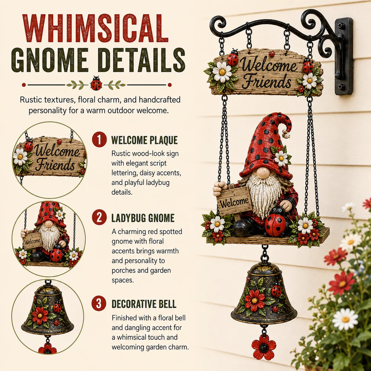 🐞🌼Rustic Garden Gnome Bell Outdoor Decor