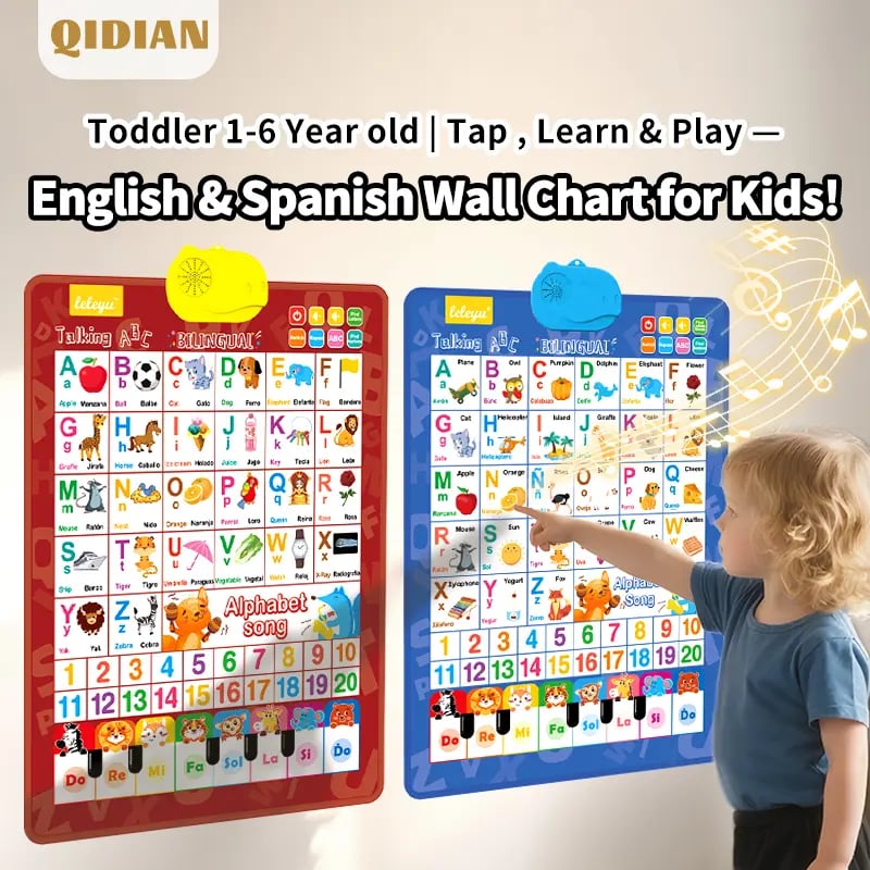 🚀New Talking Wall Chart for Kids – English & Spanish Learning Poster with Songs, ABCs, Numbers, Animal words & Piano