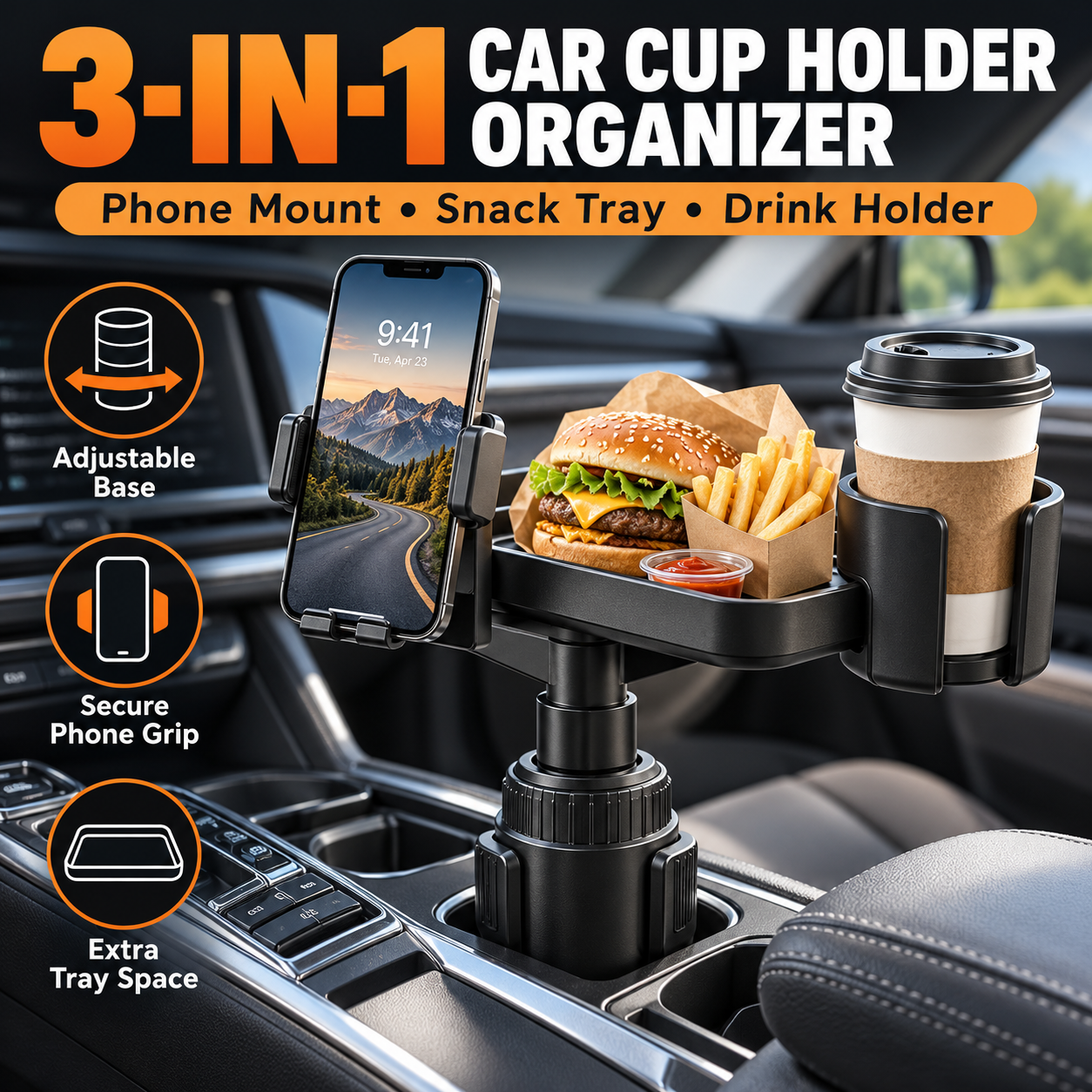 3-in-1 car cup holder phone mount with tray and storage organizer
