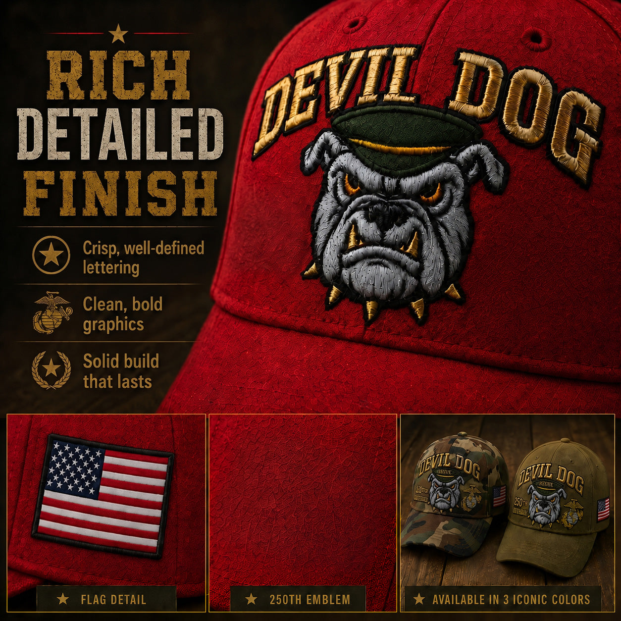 🔥 Father’s Day Sale - ❤️ Handmade Embroidered Devil Dog USMC 250th Birthday Commemorative Cap 🇺🇸