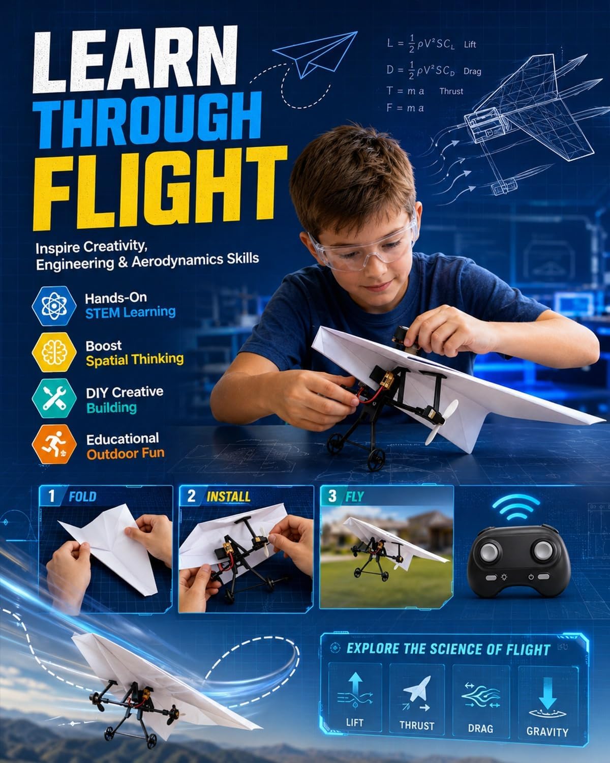 Up RC Paper Airplane Kit with Gyro Stabilizer – DIY Electric Remote Control Plane with Dual Propellers, Lightweight Foldable Flying STEM Toy