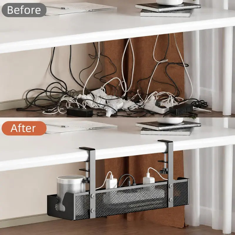 No-Drill Under Desk Cable Organizer – Hide Cables & Power Strips for a Cleaner Workspace
