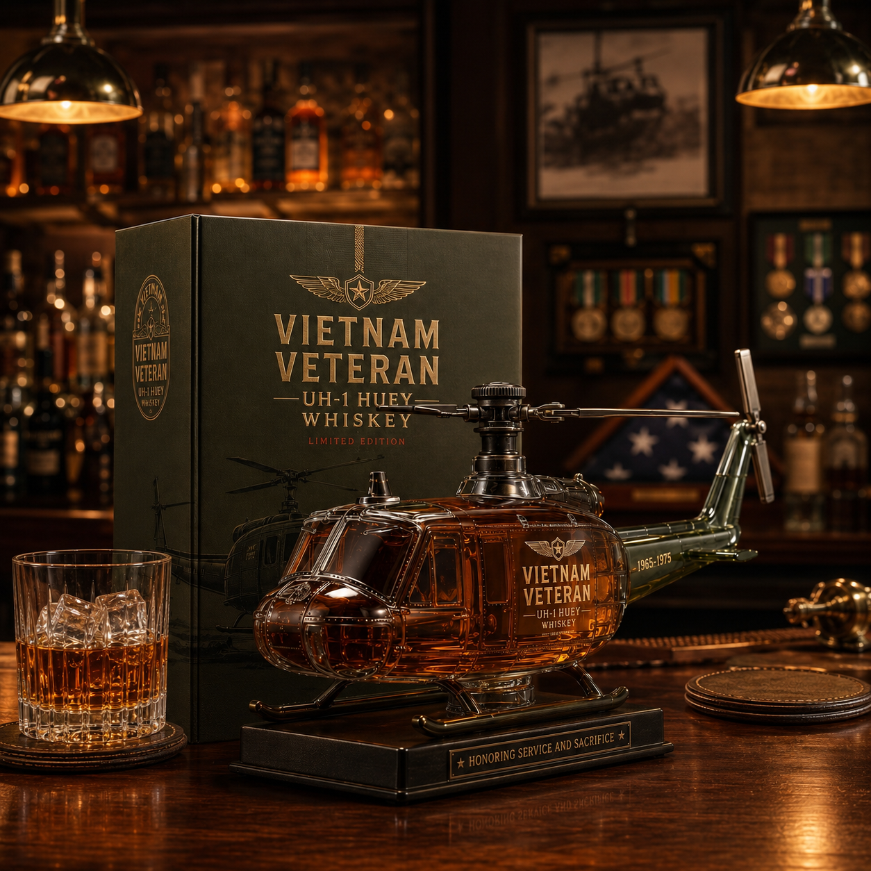 🚁Vietnam Veteran UH-1 Huey Helicopter 1965-1975 Whiskey Bottle