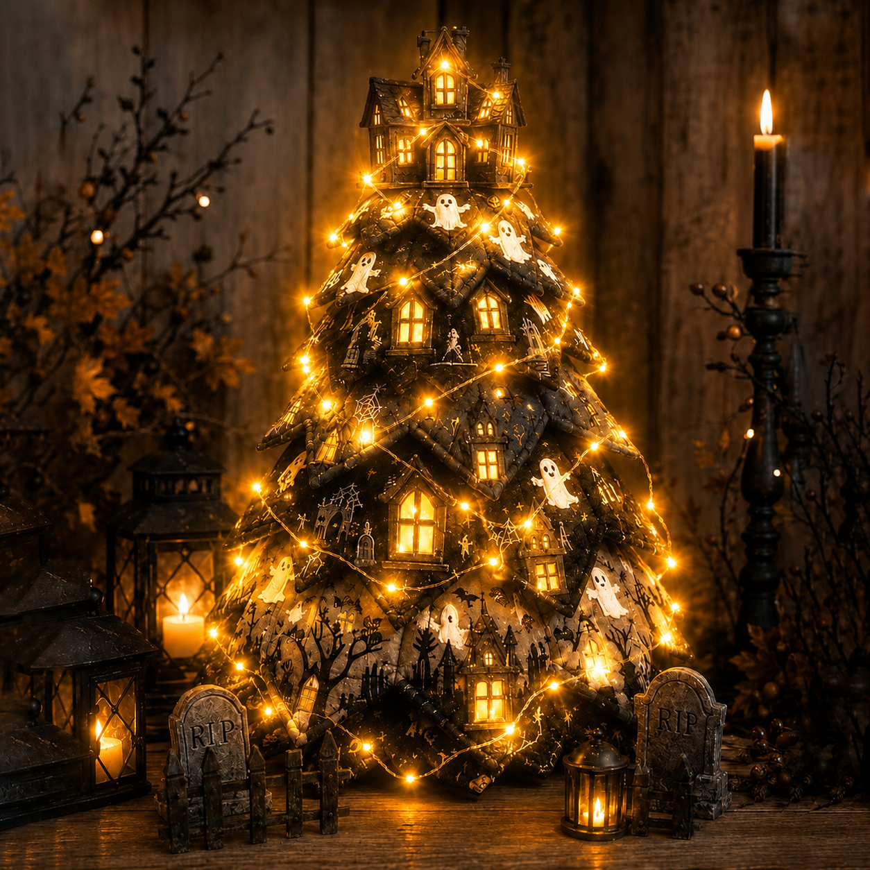 🎃✨ Lighted Halloween Quilted Fabric Tree – Cozy Handmade Glow Decoration