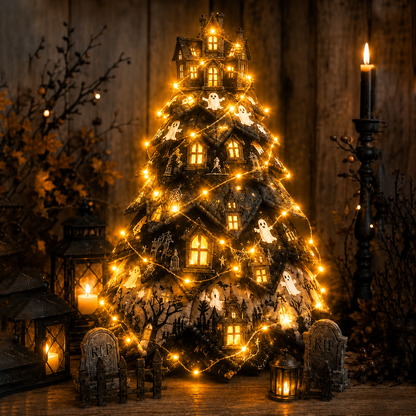 🎃✨ Lighted Halloween Quilted Fabric Tree – Cozy Handmade Glow Decoration