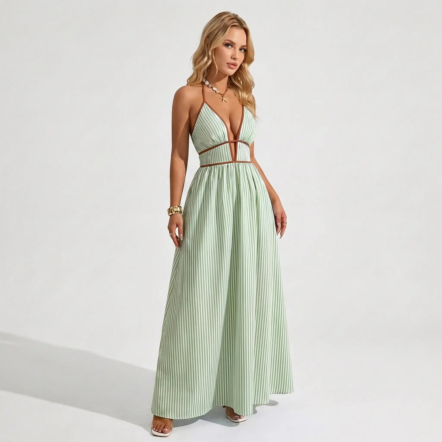 🔥2026 NEW ARRIVAL🔥Women's Elegant Pinstripe Deep V Neckline Adjustable Halter Maxi Dress