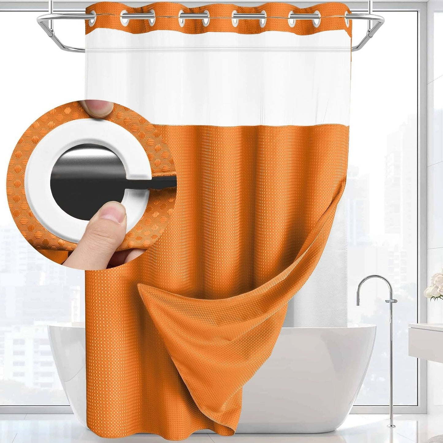 Hookless Shower Curtain with Snap-in Liner – Waterproof Double-Layer Design – Fabric Curtain with Waterproof Liner (White)