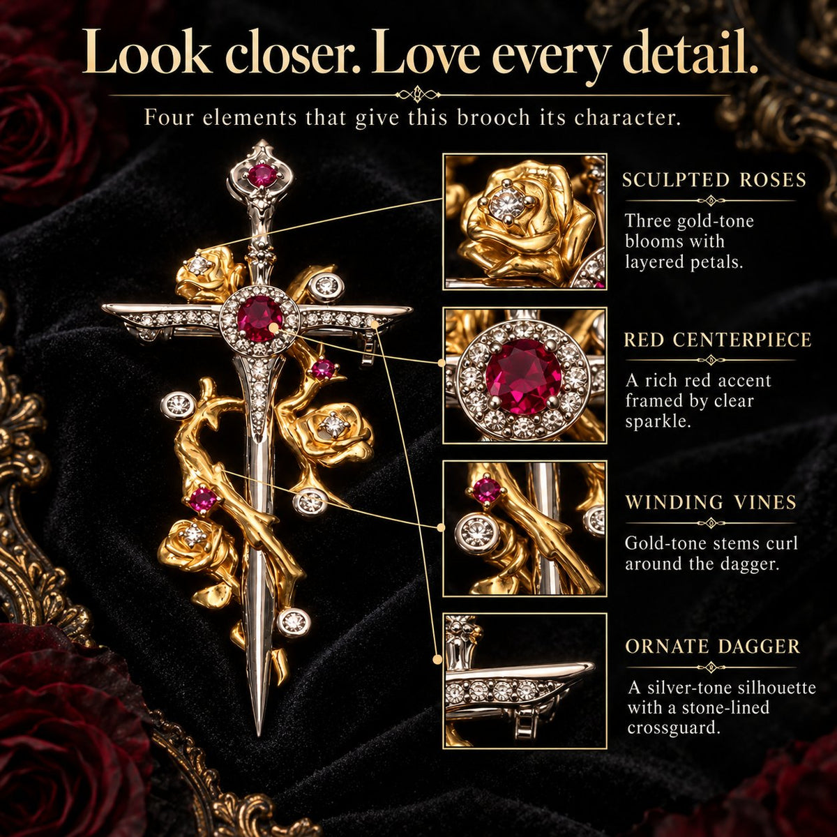 🥀 Gothic Rose & Dagger Brooch | Sculpted Golden Roses • Silver-Tone Blade • Ruby-Red Accents 🗡️