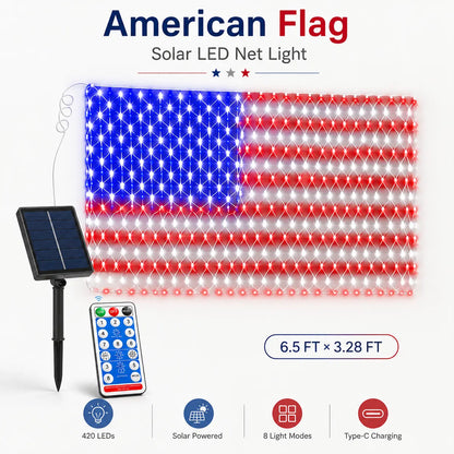 Solar American Flag Lights Outdoor American Flag Net Lights 6.5ft x 3.28ft Super Bright,Memorial Day Decorations of The United States for Independence/National/Memorial Day,July 4th Waterproof solar lights outdoor
