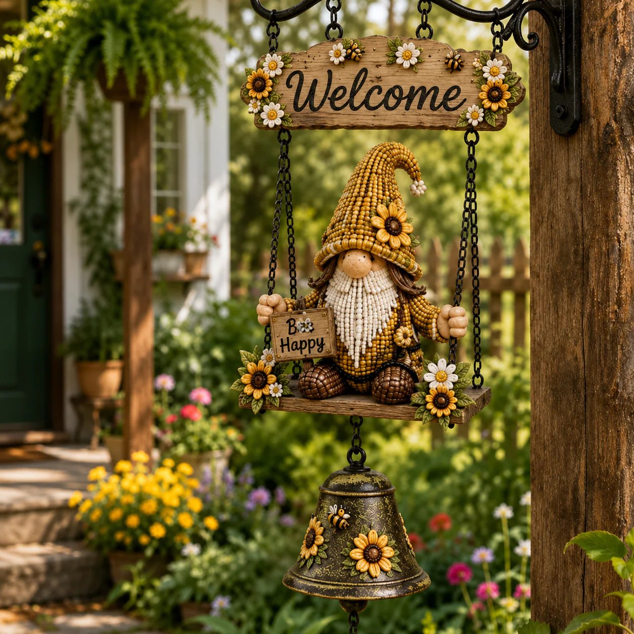 🐞🌼Rustic Garden Gnome Bell Outdoor Decor