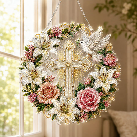 ✝️💐Cross, Flowers & Peace Dove  Art Hanging Ornament Kit