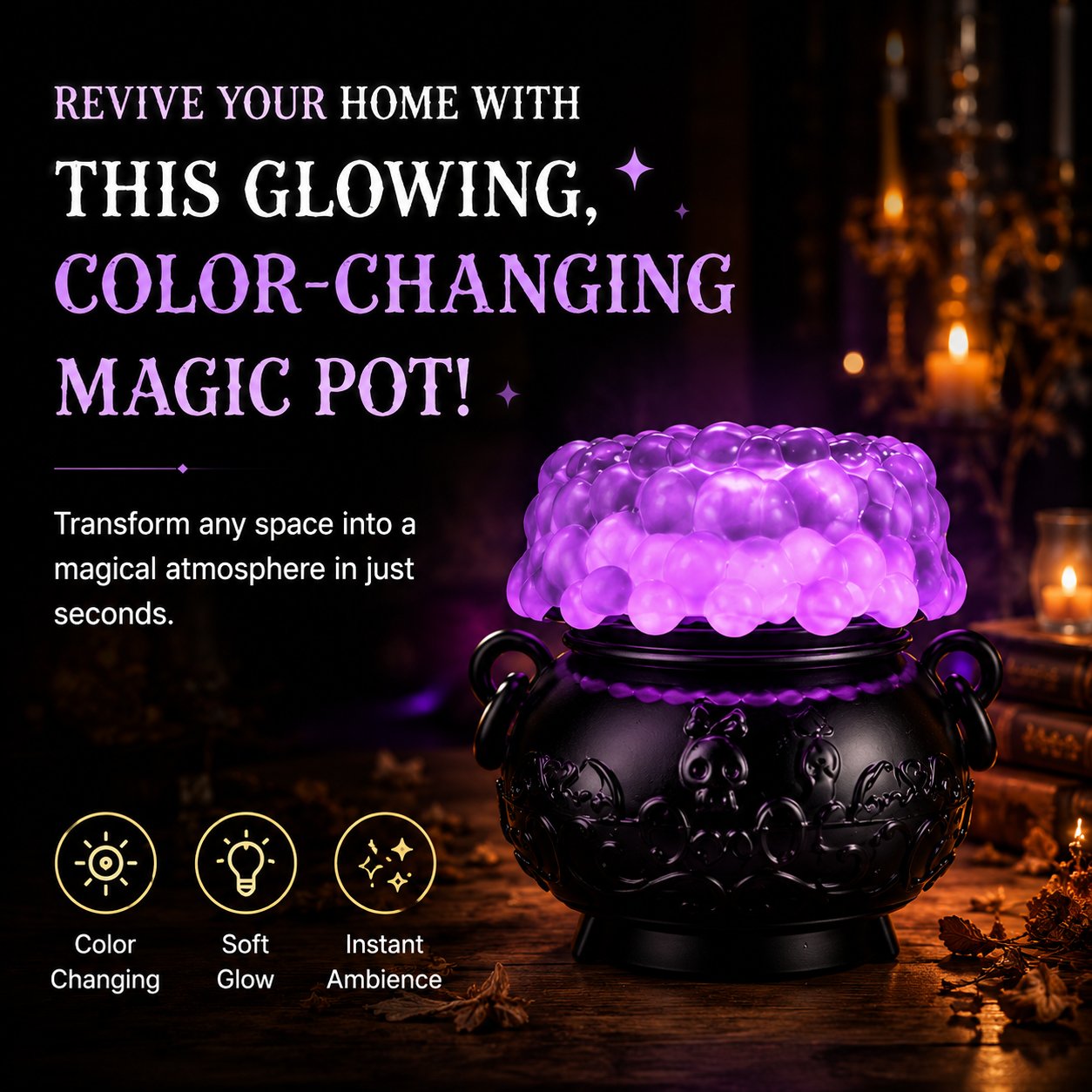 👻Light-up Color-changing Cauldron Waterglobe 3-Wick Candle Holder