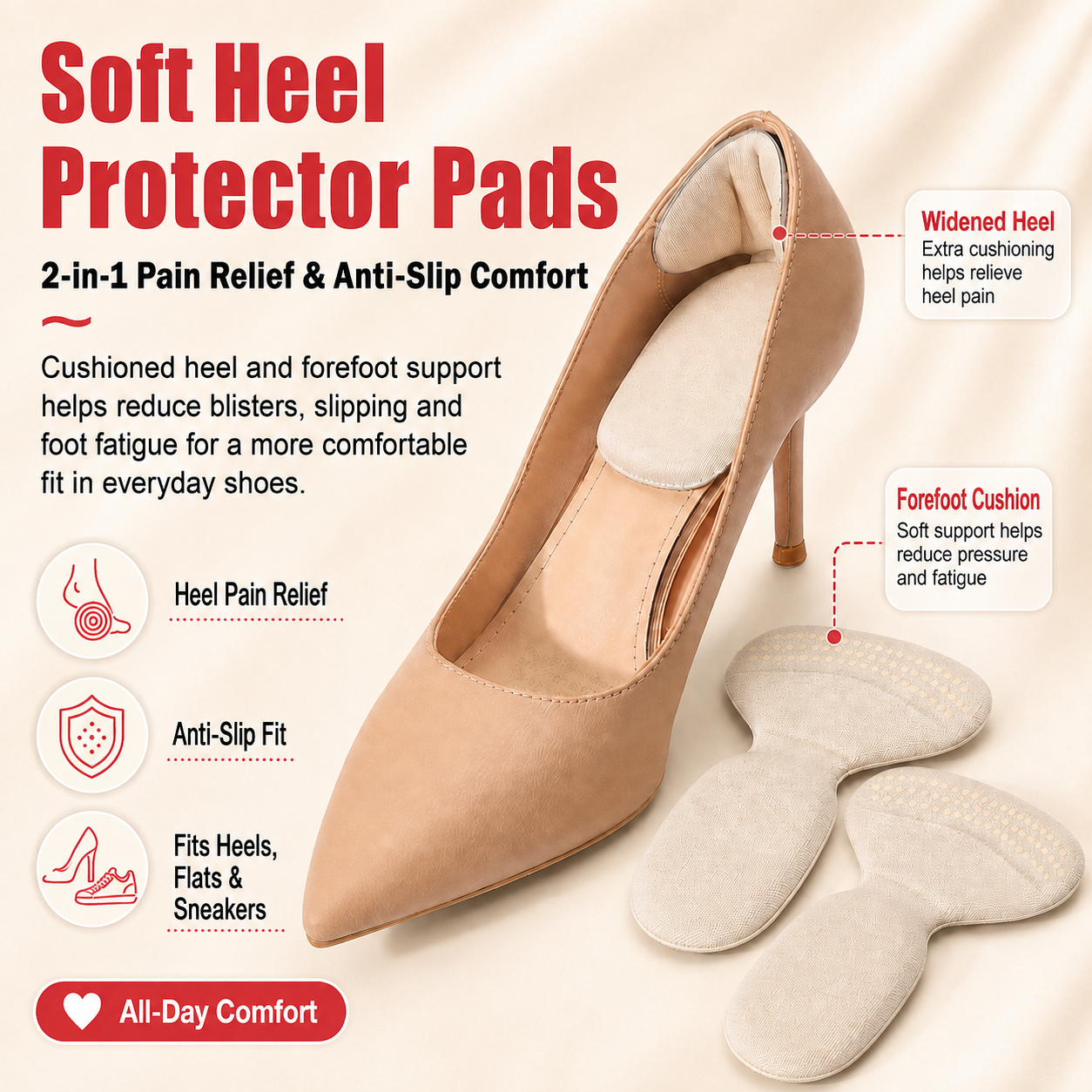 2 Pairs Soft Cushion Heel Liners – Anti-Slip Heel Protectors for Better Shoe Fit & Comfort