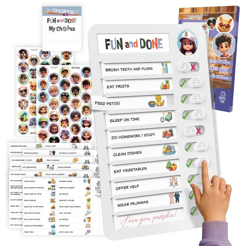 Magnetic Kids Chore Chart - Daily Routine Chart with Checklist, Stickers, Plastic Icons & Visual Task System