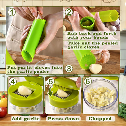 Garlic Press Stainless Steel, Garlic Mincer Crusher with Peeler and Cleaning Brush, Garlic Chopper Mini Kitchen Tool