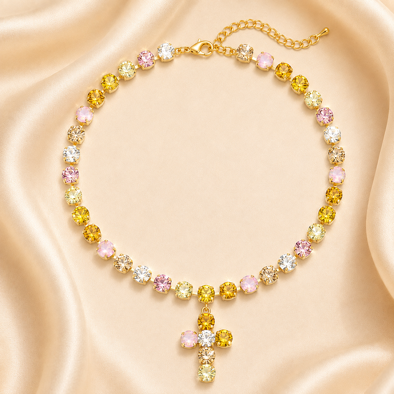 Colorful Zircon Layered Cross Necklace – Trendy Tassel Pendant Jewelry for Women