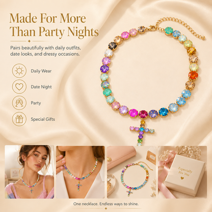 Colorful Zircon Layered Cross Necklace – Trendy Tassel Pendant Jewelry for Women