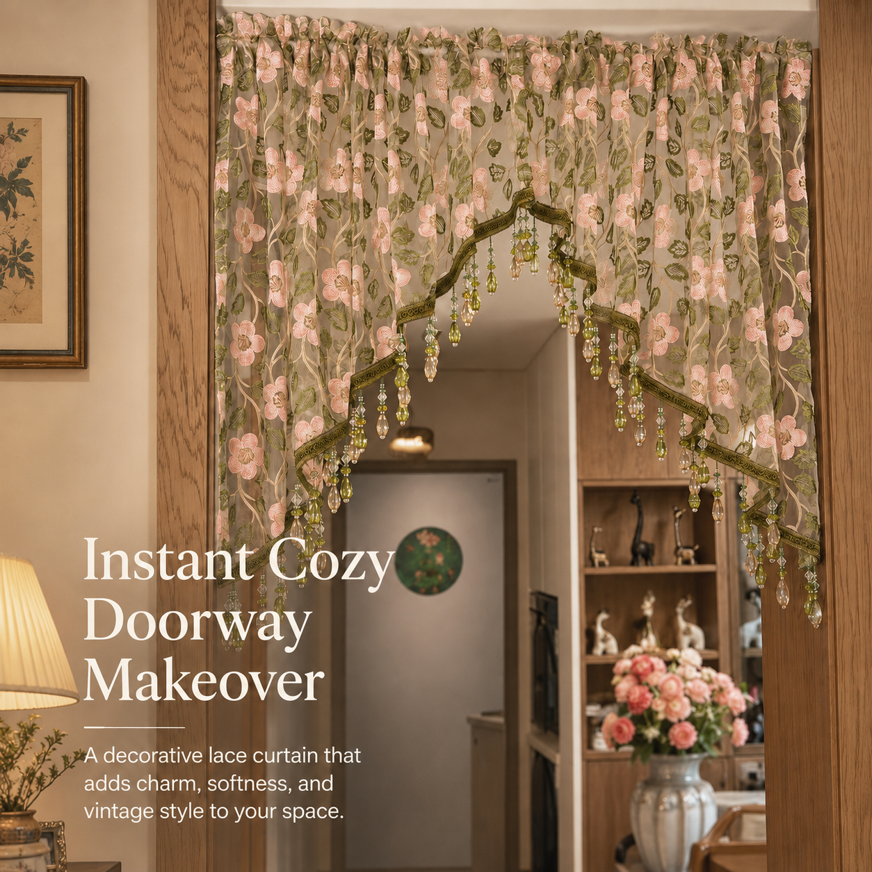 Embroidered Lace Doorway Curtain – Romantic Floral Beaded Sheer Panels