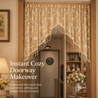 Embroidered Lace Doorway Curtain – Romantic Floral Beaded Sheer Panels