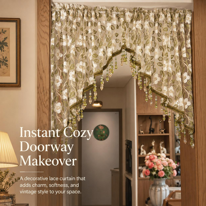 Embroidered Lace Doorway Curtain – Romantic Floral Beaded Sheer Panels