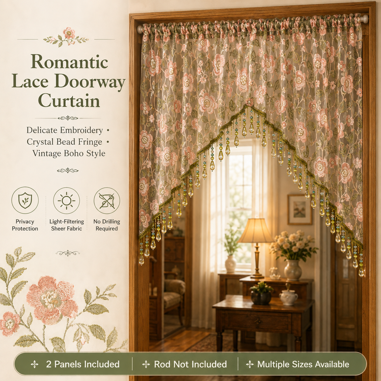 Embroidered Lace Doorway Curtain – Romantic Floral Beaded Sheer Panels