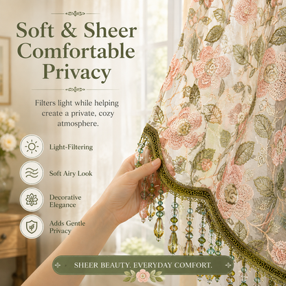 Embroidered Lace Doorway Curtain – Romantic Floral Beaded Sheer Panels