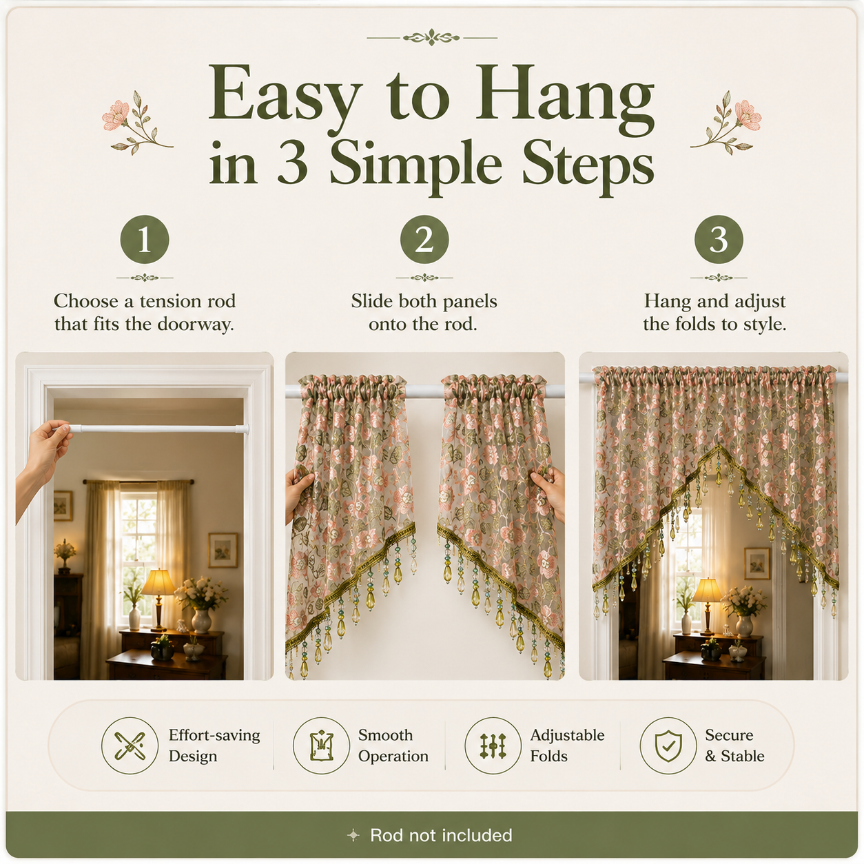 Embroidered Lace Doorway Curtain – Romantic Floral Beaded Sheer Panels