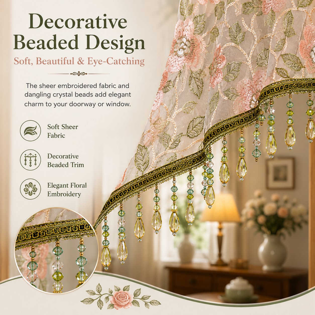 Embroidered Lace Doorway Curtain – Romantic Floral Beaded Sheer Panels