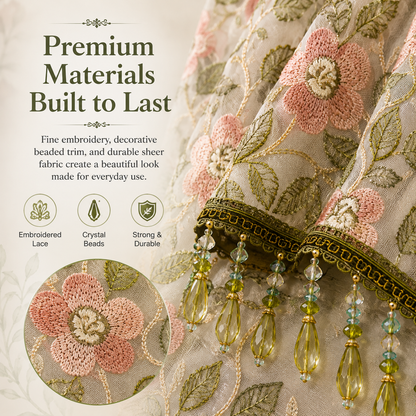 Embroidered Lace Doorway Curtain – Romantic Floral Beaded Sheer Panels
