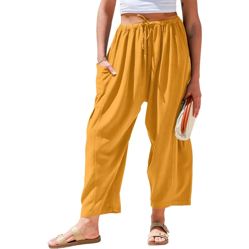 Womens Polyester Wide Leg Pants Casual Loose Fit Beach Palazzo Harem Pants with Pockets Spring Summer Style