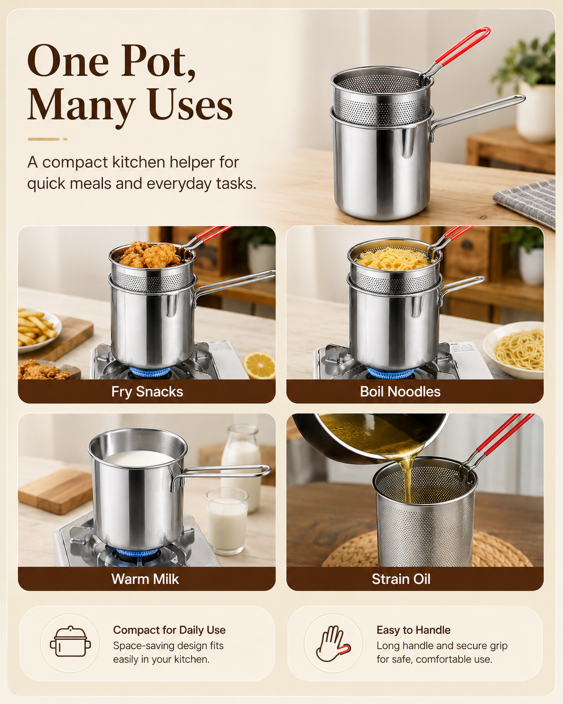 🍳Stainless Steel Deep Fryer Set - 1-Person Mini Pot with Fry Pot, Filter Basket & Food Clip