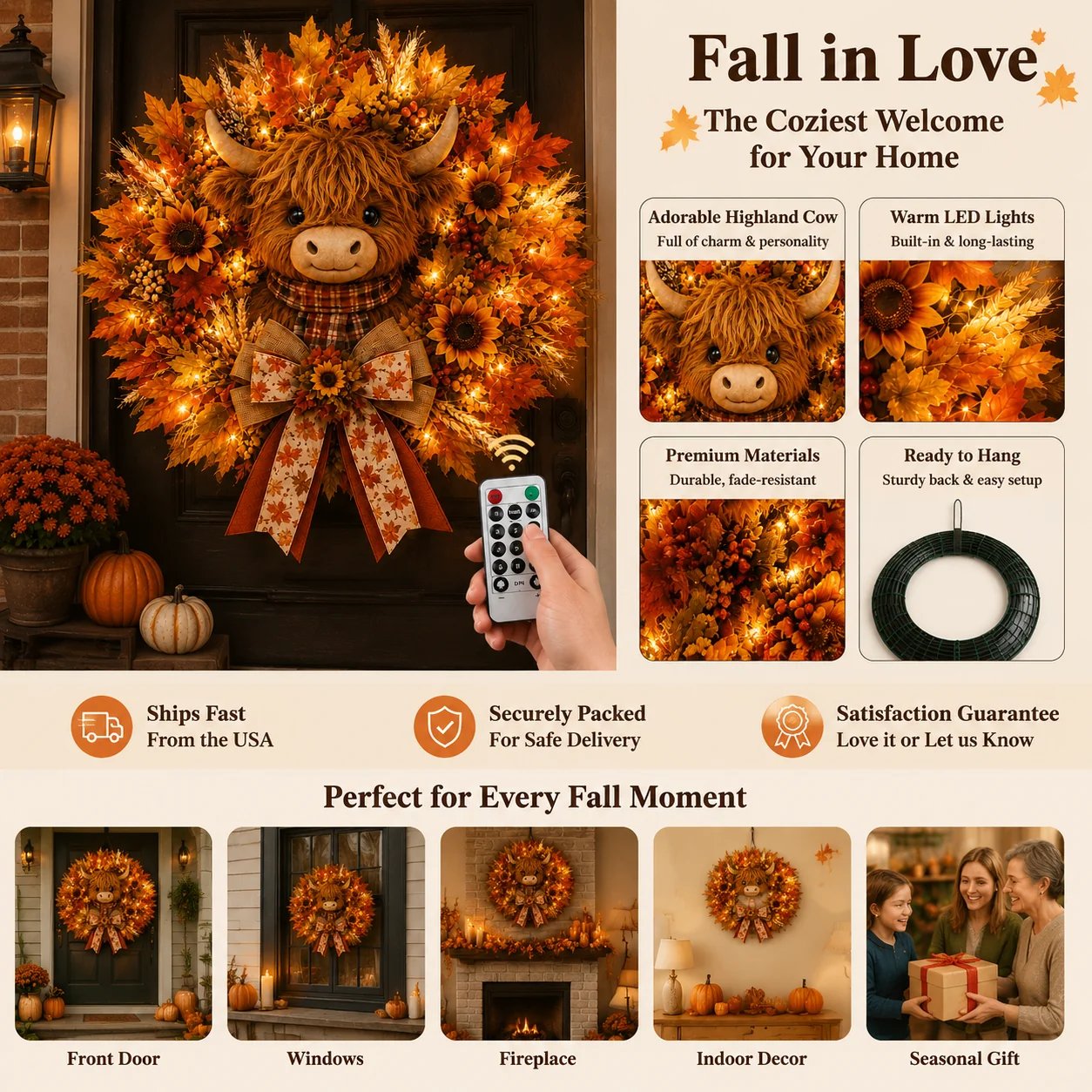 🍂🐮Autumn Highland cow wreath decoration with lights