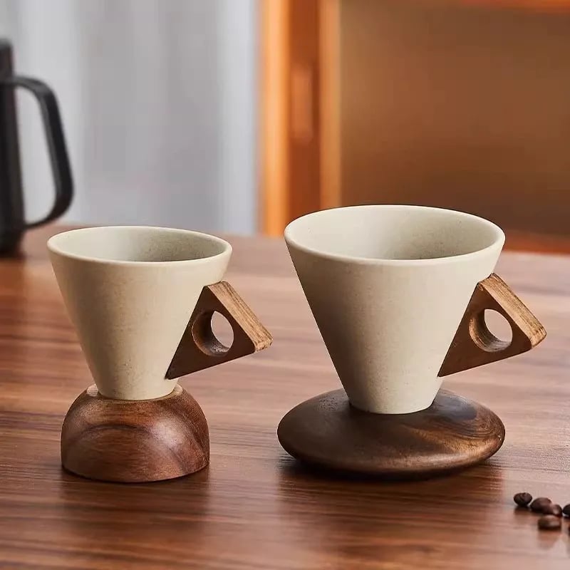 Hot 48% OFF☕✨ Conical Ceramic Coffee Cup with Acacia Wood Base