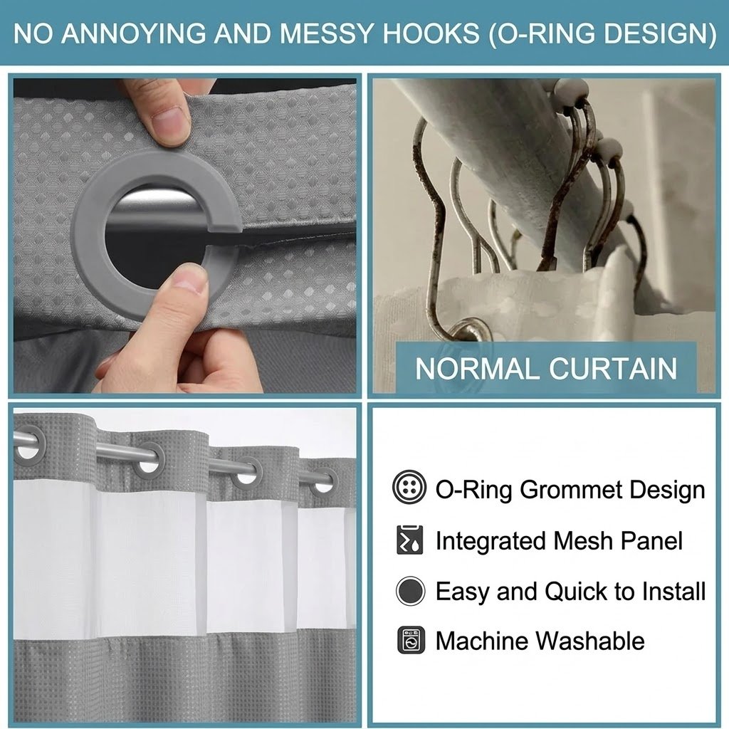 Hookless Shower Curtain with Snap-in Liner – Waterproof Double-Layer Design – Fabric Curtain with Waterproof Liner (White)
